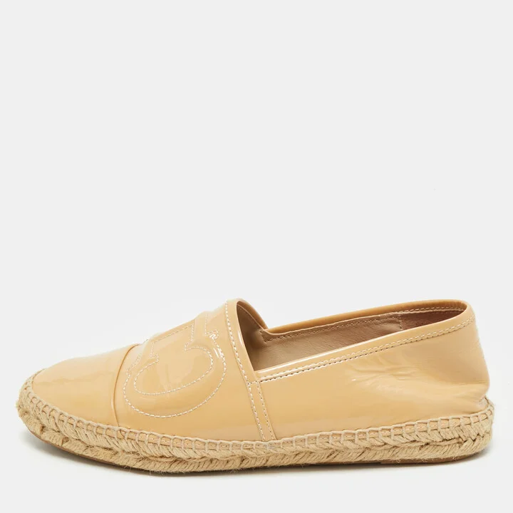 CH Carolina Herrera Beige Patent Leather CH Logo Espadrille Flats Size 39