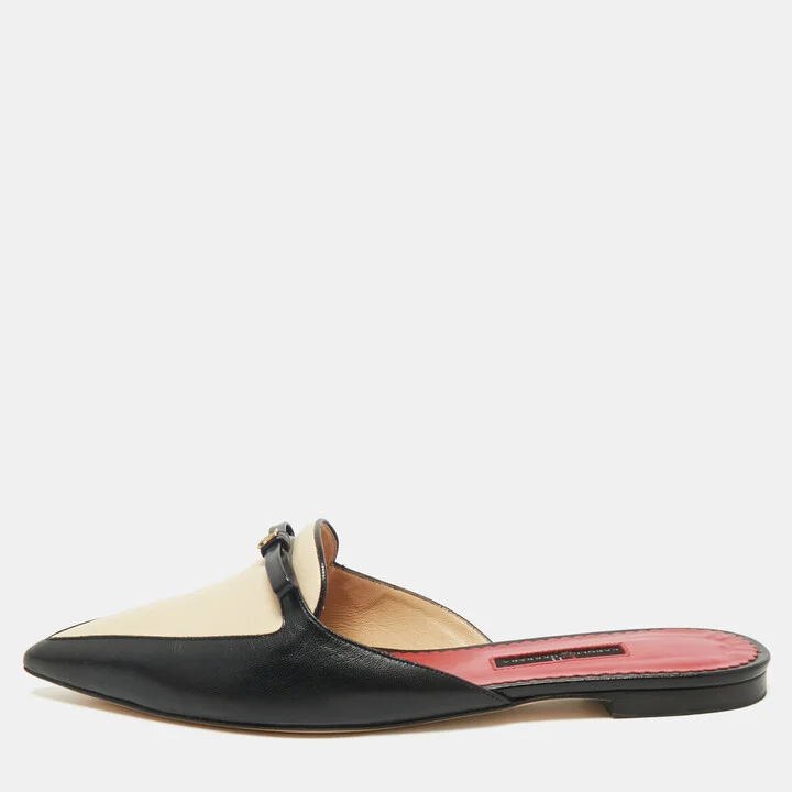 CH Carolina Herrera Black/Cream Leather Bow Detail Flat Mules Size 38