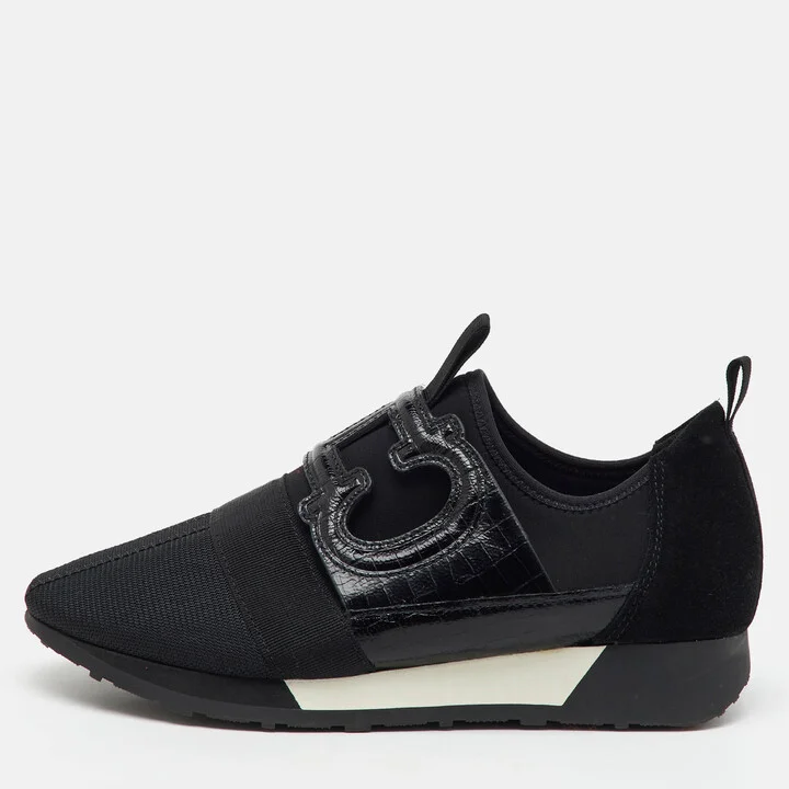 CH Carolina Herrera Black Croc Embossed Leather Suede and Fabric Slip On Sneakers Size 37