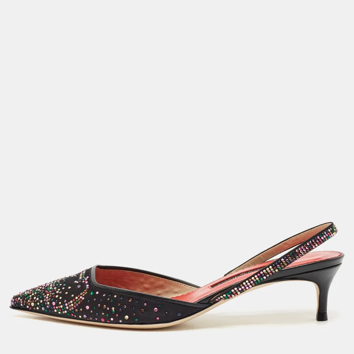 CH Carolina Herrera Black Crystal Embellished Fabric and Leather Slingback Pumps Size 37