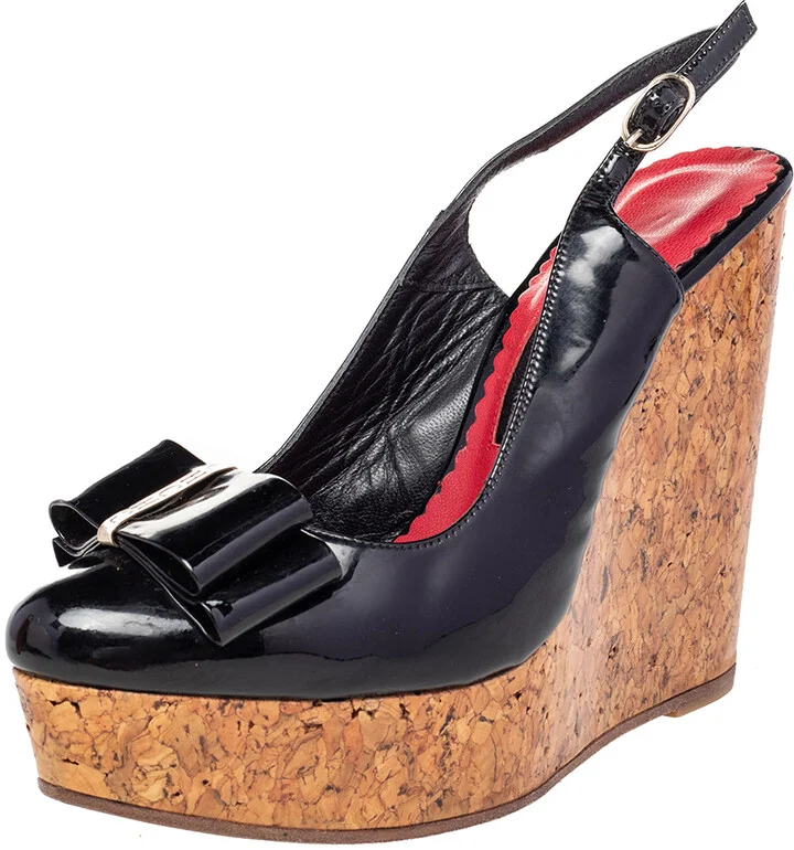CH Carolina Herrera Black Leather Bow Wedge Sandals Size 37