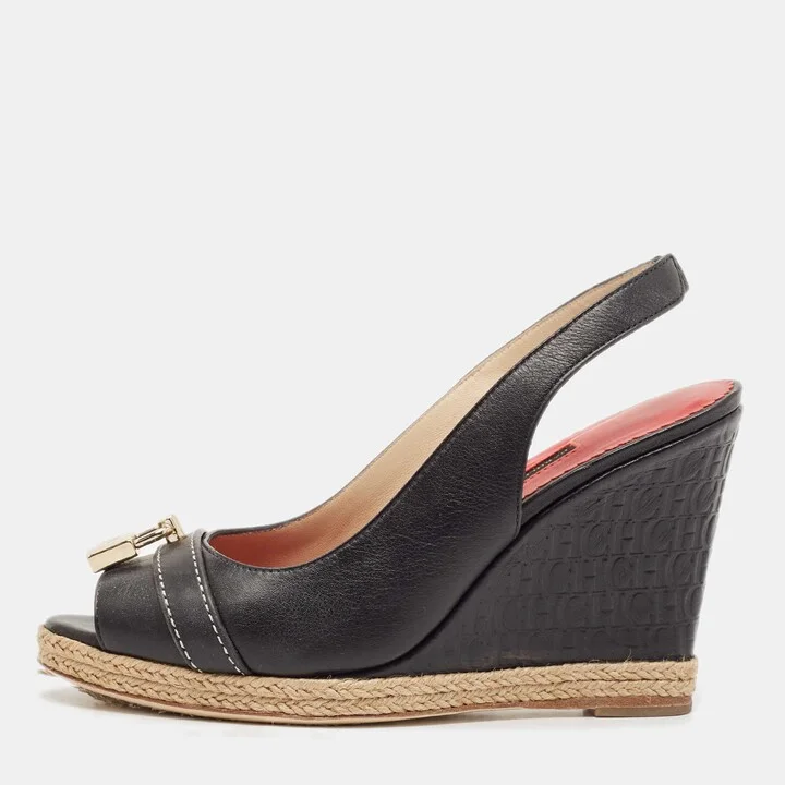 CH Carolina Herrera Black Leather Wedge Sandals Size 37