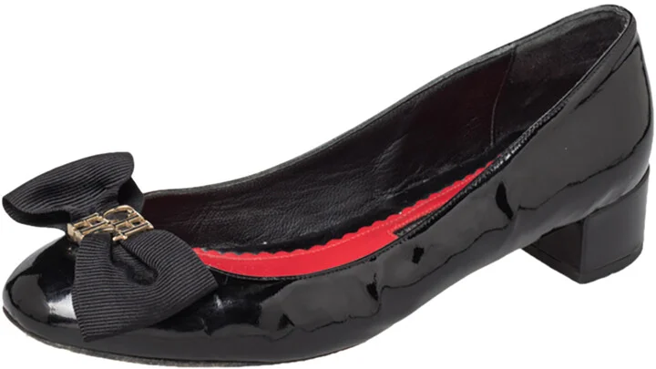 CH Carolina Herrera Black Patent Leather Bow Block Heel Pumps Size 39