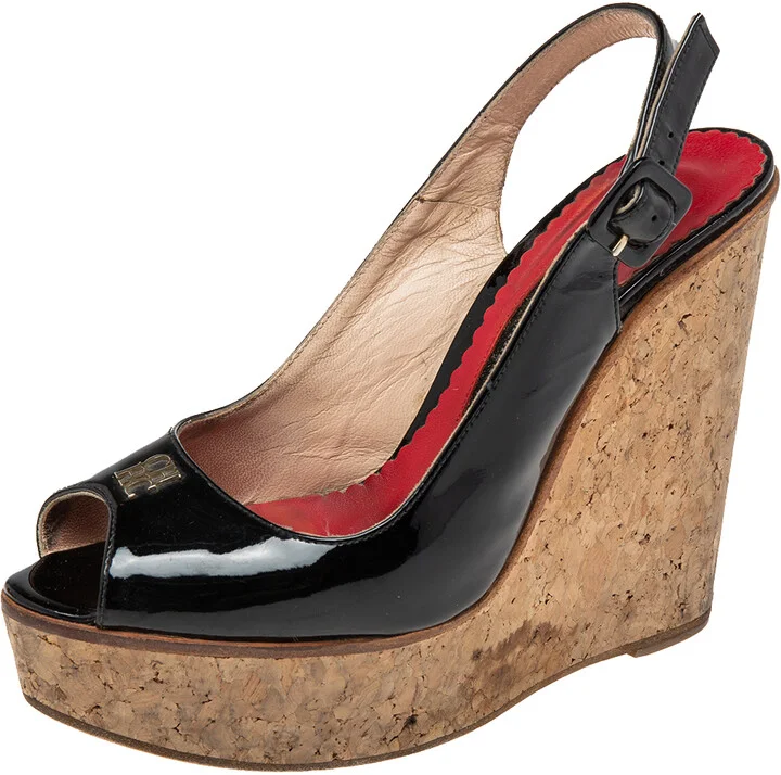 CH Carolina Herrera Black Patent Leather Peep-Toe Cork Wedge Platform Slingback Sandals Size 37