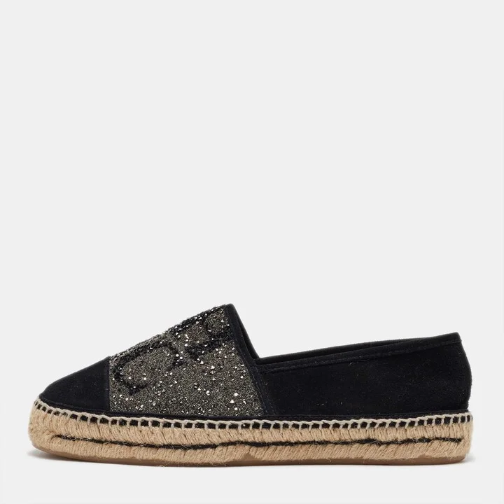 CH Carolina Herrera Black/Silver Crystal Embellished Suede Espadrille Flats Size 39