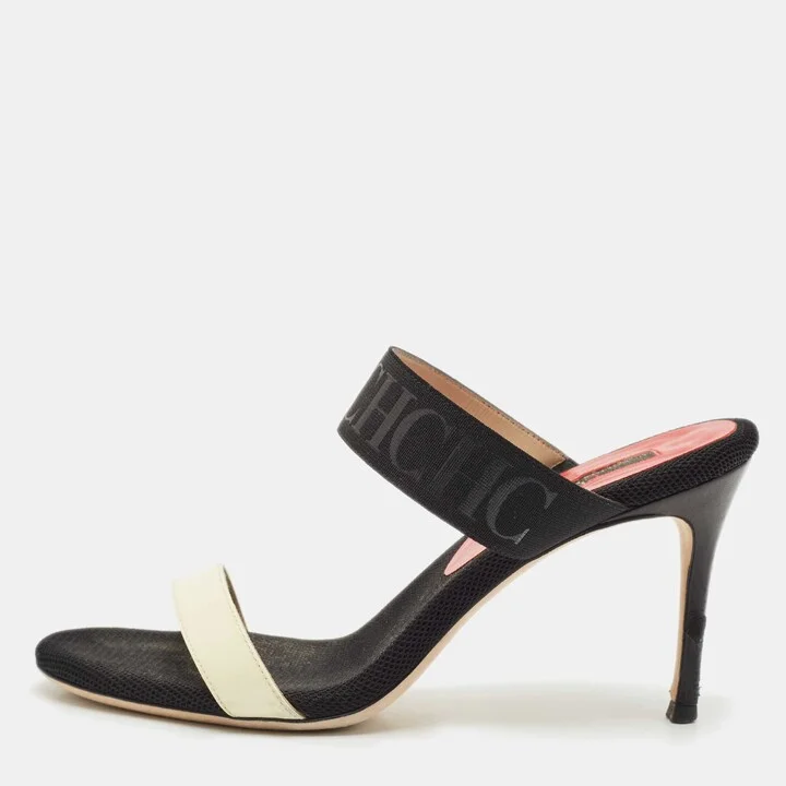 CH Carolina Herrera Black/White Fabric and Patent Leather Slide Sandals Size 38