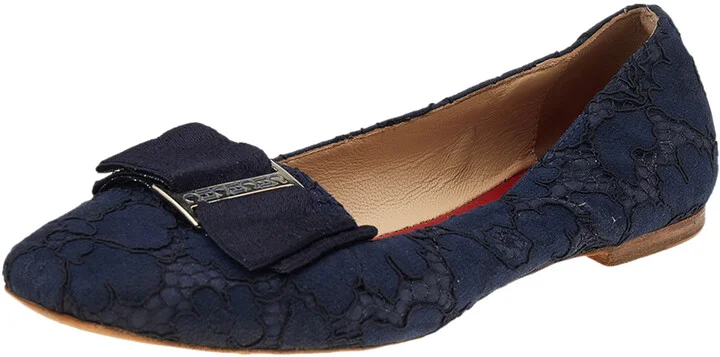 CH Carolina Herrera Blue Lace And Fabric Bow Loafers Size 38