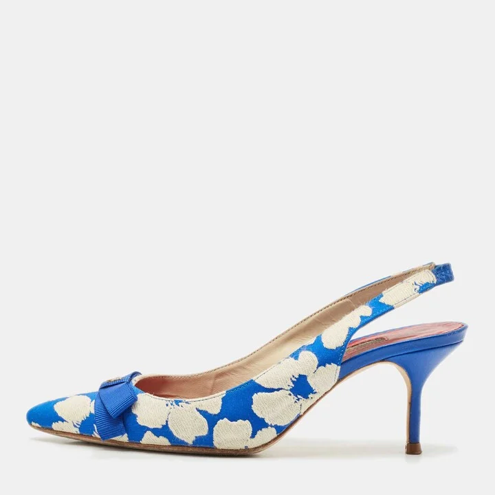 CH Carolina Herrera Blue/White Canvas Bow Slingback Pumps Size 37