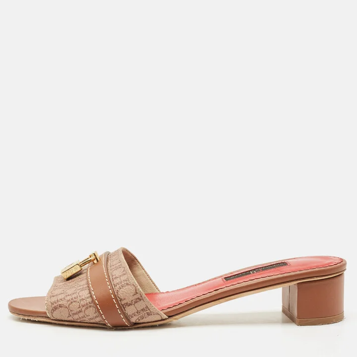 CH Carolina Herrera Brown Monogram Canvas Matryoshka Locked Slide Sandals Size 38