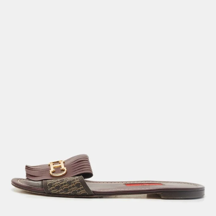 CH Carolina Herrera Brown Signature Canvas and Leather Lock Flat Slides Size 37