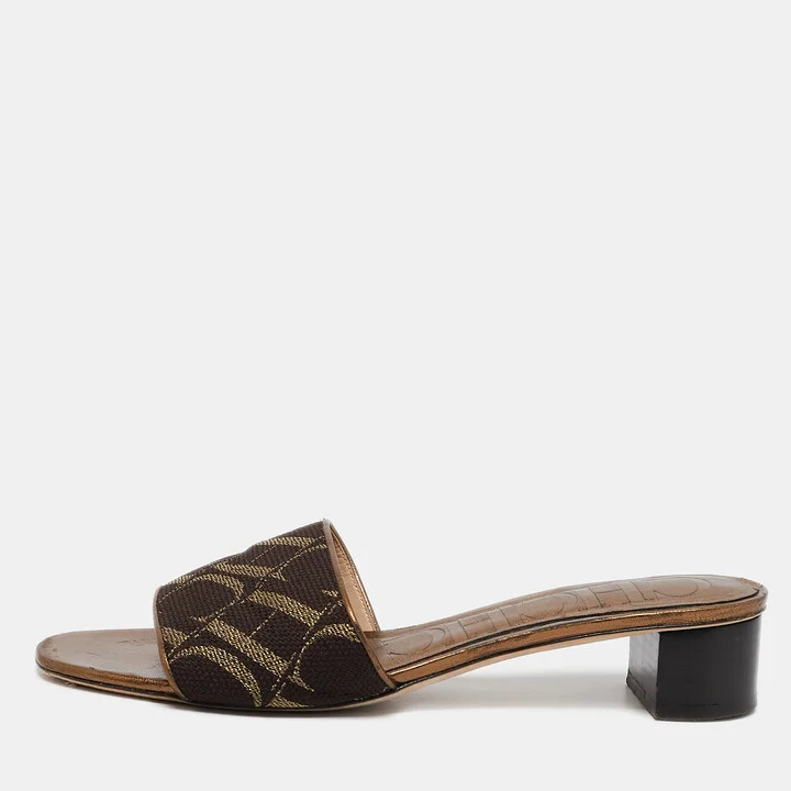 CH Carolina Herrera Metallic Leather and Canvas Logo Slide Sandals Size 38