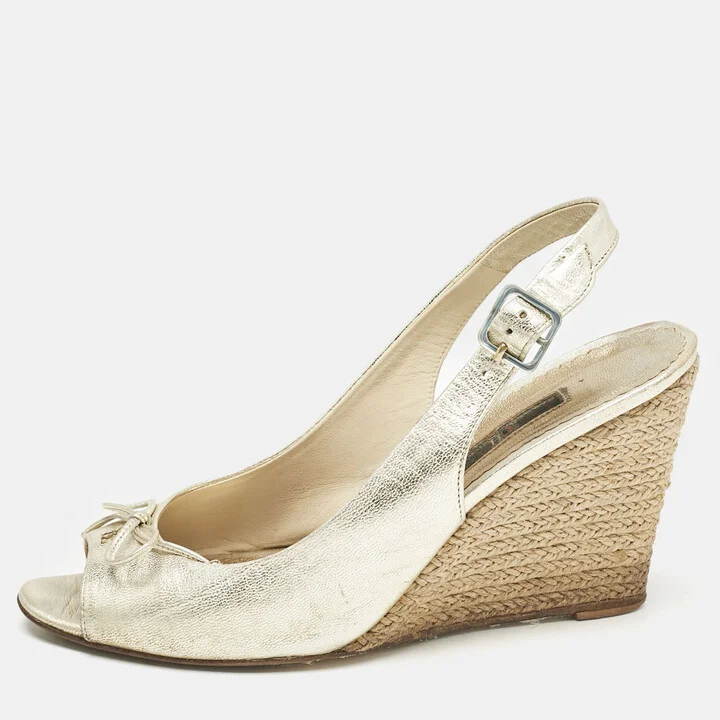CH Carolina Herrera Metallic Leather Bow Peep Toe Espadrille Wedge Sandals Size 38