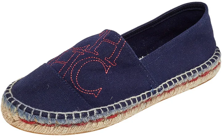 CH Carolina Herrera Navy Blue Canvas Espadrille Flats Size 37