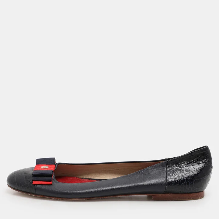 CH Carolina Herrera Navy Blue Croc Embossed and Leather Ballet Flats Size 39