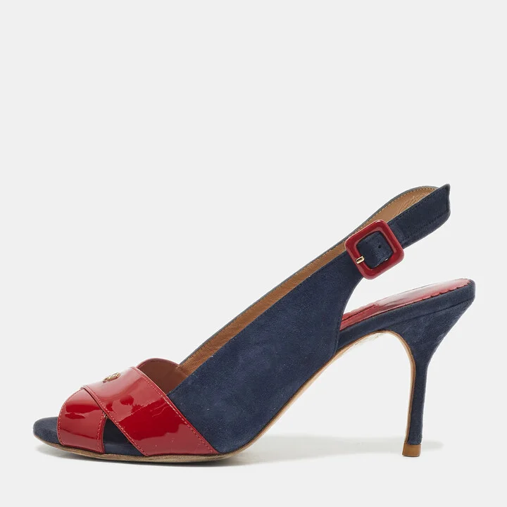 CH Carolina Herrera Navy Blue/Red Suede and Patent Leather Slingback Sandals Size 40