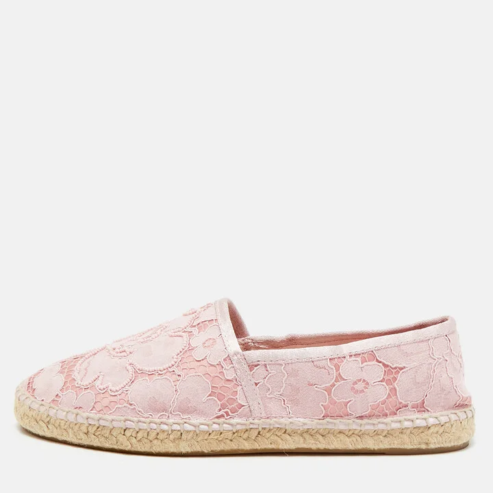 CH Carolina Herrera Pink Lace and Satin Pearls Embellished Espadrille Flats Size 39