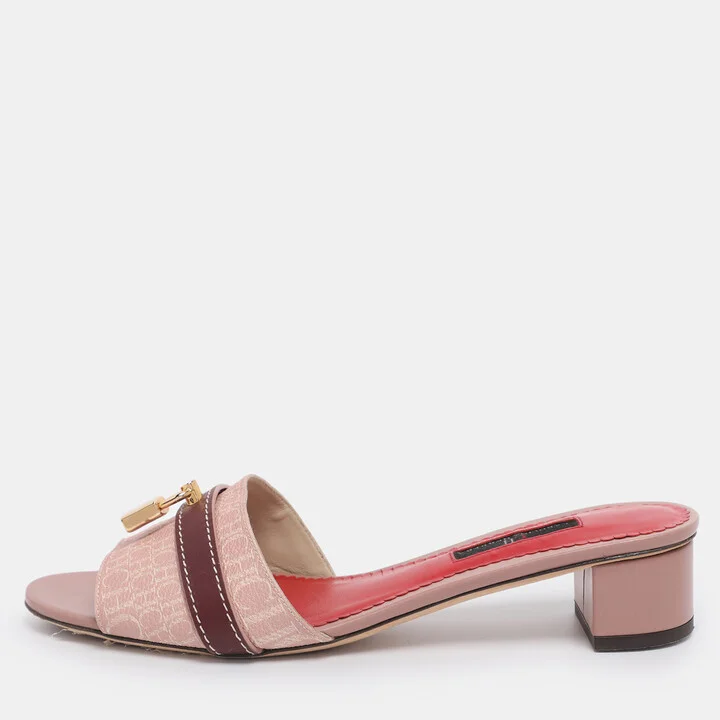 CH Carolina Herrera Pink Monogram Coated Canvas Matryoshka Lock Slide Sandals Size 38