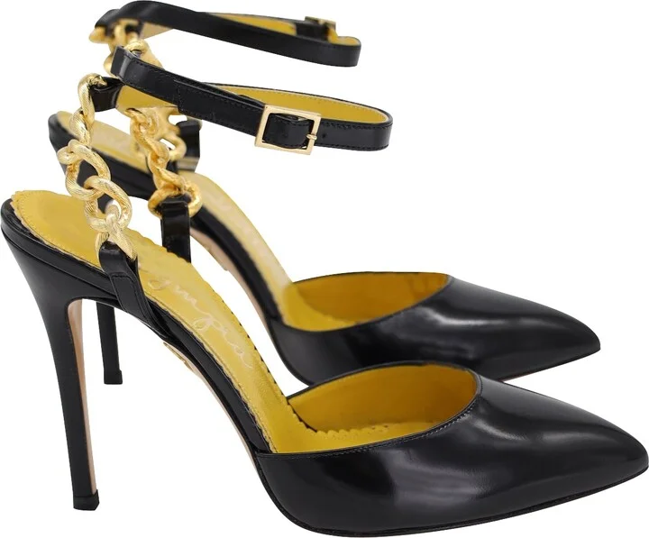 Chain Ankle Strap Pointed-toe Pumps in Black Calfskin Leather
