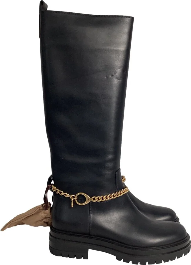 Chain-Embellished Knee-High Boots in Black Leather