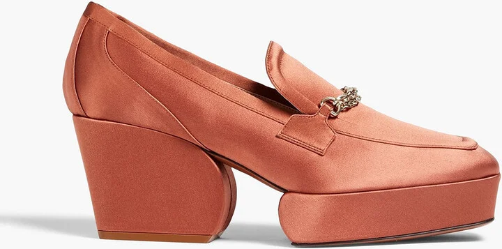Chain-embellished satin platform loafers