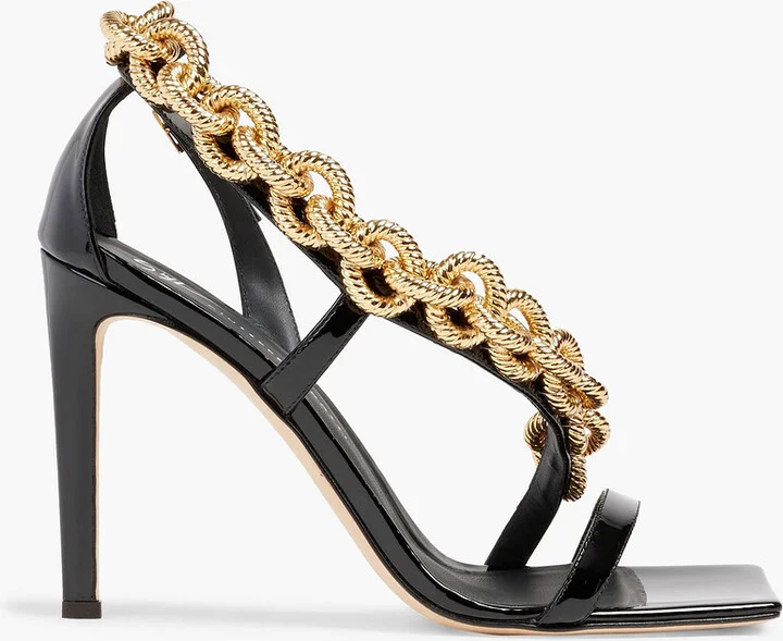 Chain-trimmed patent-leather sandals