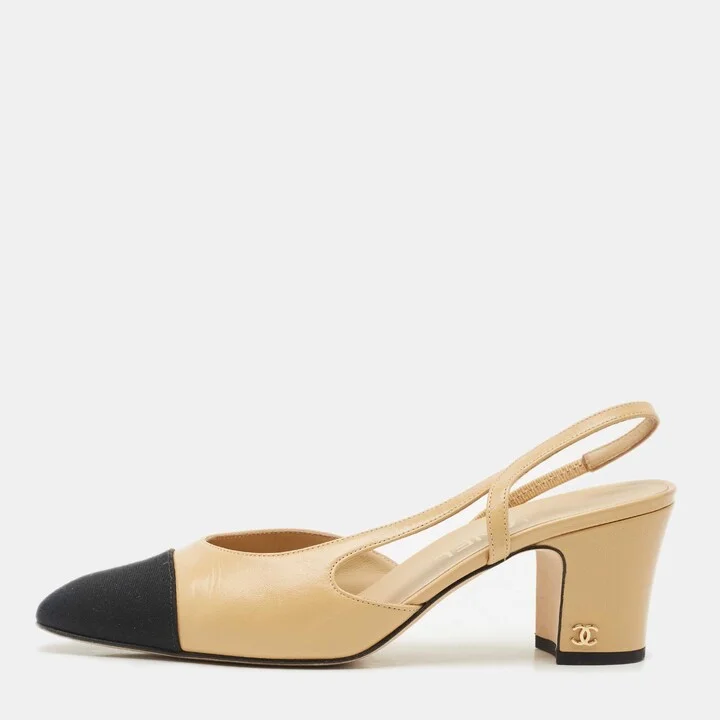 Chanel Beige/Black Canvas and Leather CC Cap Toe Slingback Pumps Size 38.5
