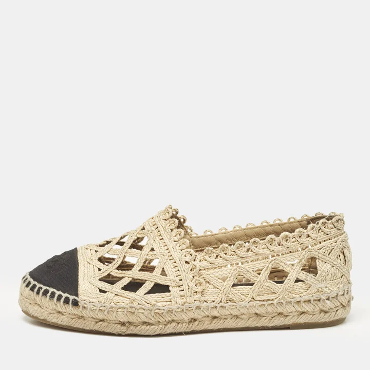 Chanel Beige/Black Laser Cut Raffia and CC Canvas Cap Toe Espadrille Flats Size 37