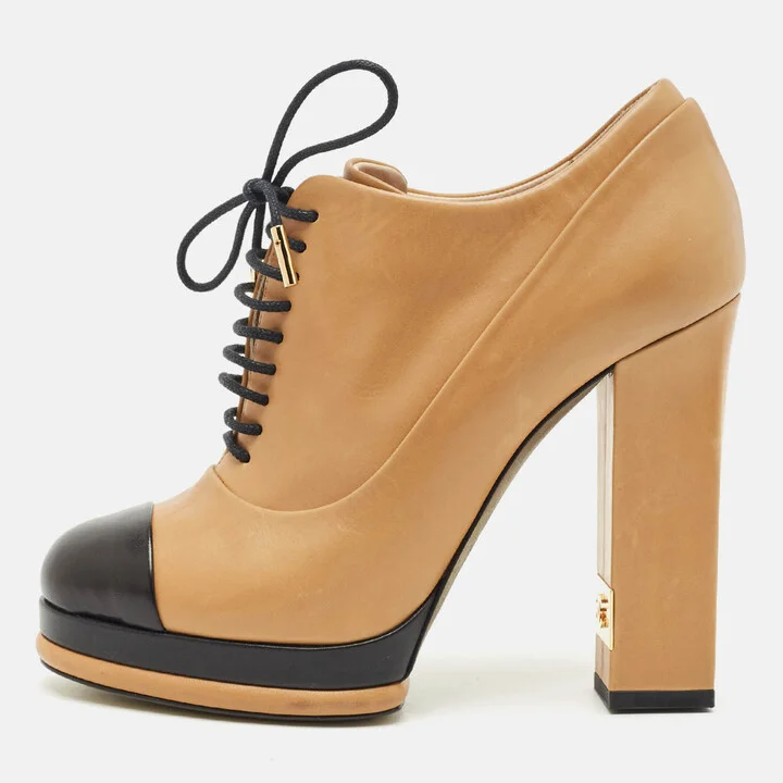 Chanel Beige/Black Leather Cap Toe Platform Ankle Boots Size 38.5