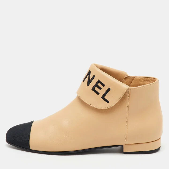 Chanel Beige/Black Leather Logo Ankle Length Boots Size 37