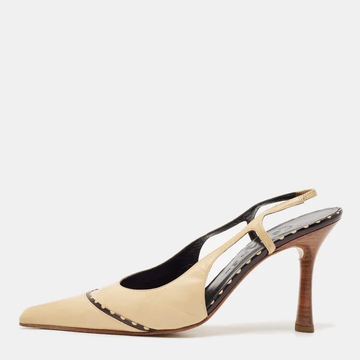 Chanel Beige/Black Leather Slingback Pumps Size 38.5
