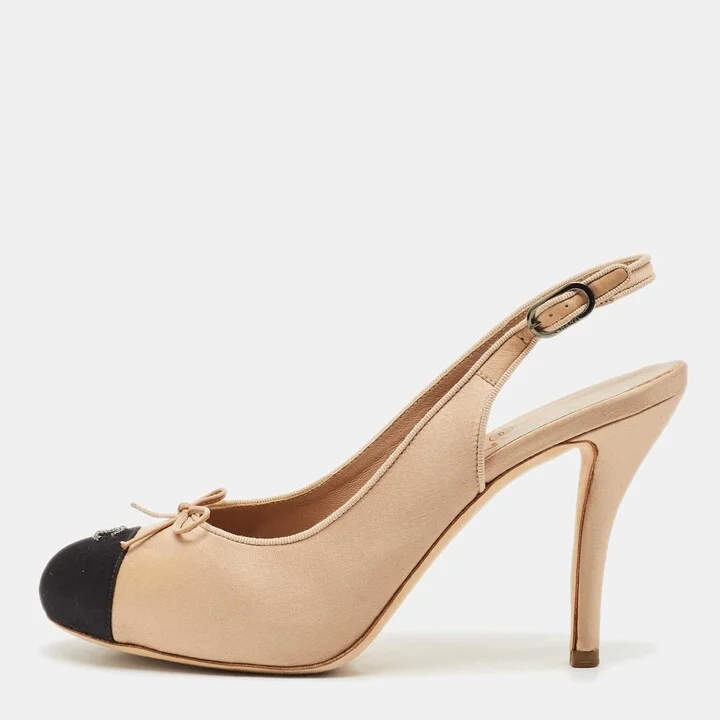 Chanel Beige/Black Satin CC Slingback Pumps Size 39.5