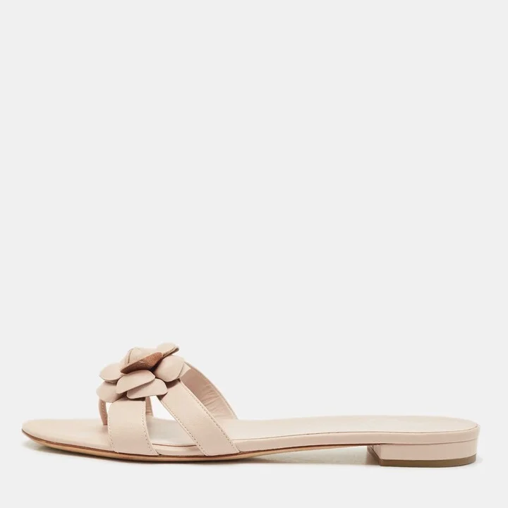 Chanel Beige Leather Flower Embellished Camellia Flat Slides Size 40