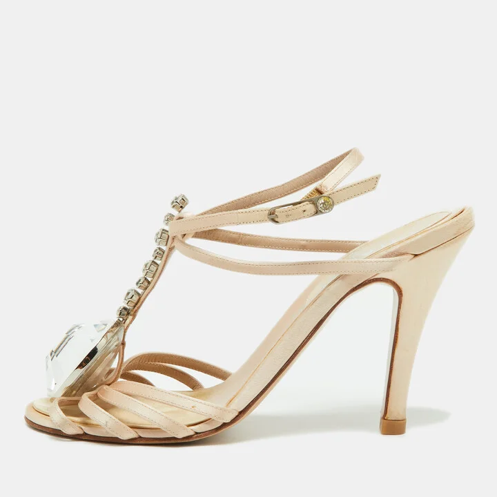 Chanel Beige Satin Crystal Embellished Slingback Sandals Size 39.5