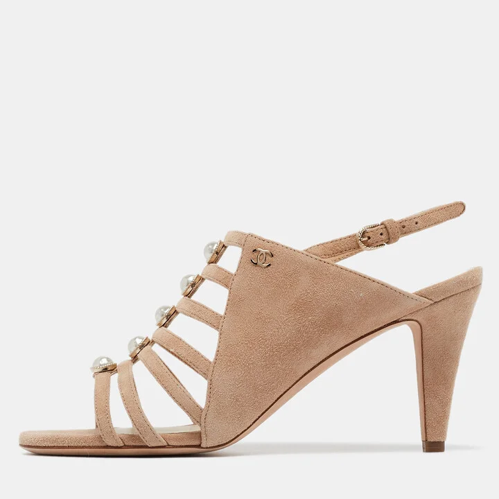 Chanel Beige Suede Pearl Slingback Sandals Size 37.5