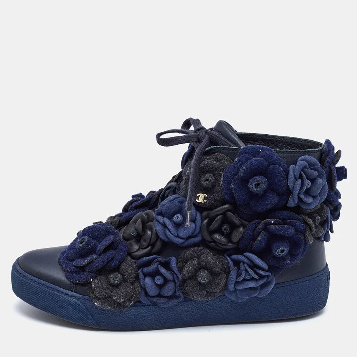 Chanel Black/Blue Leather CC Camellia High Top Sneakers Size 38