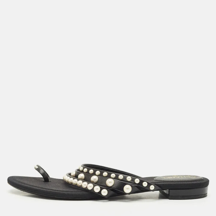 Chanel Black Canvas and Leather Pearl Embellished Thong Flats Size 40