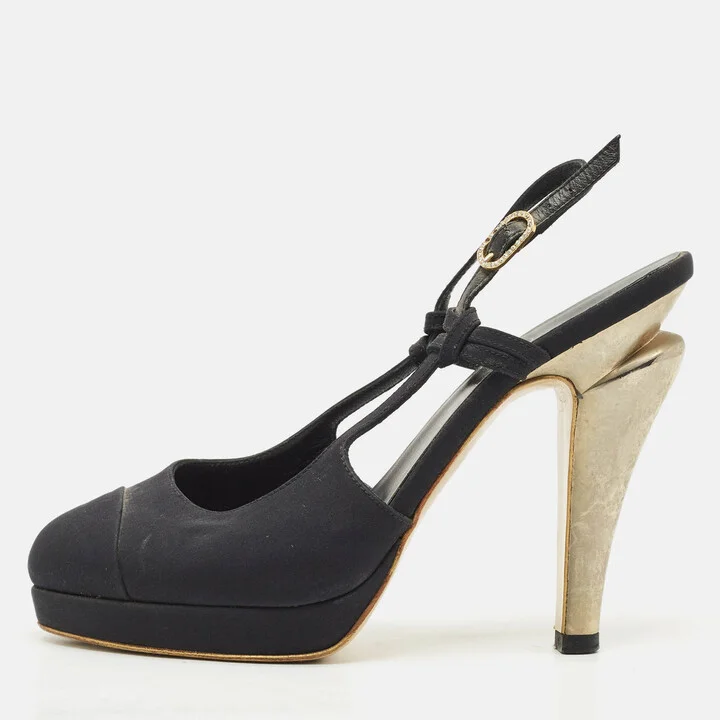Chanel Black Canvas CC Cap Toe Slingback Pumps Size 37