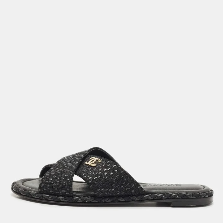 Chanel Black Glitter Fabric Crisscross CC Flat Slide Flats Size 35