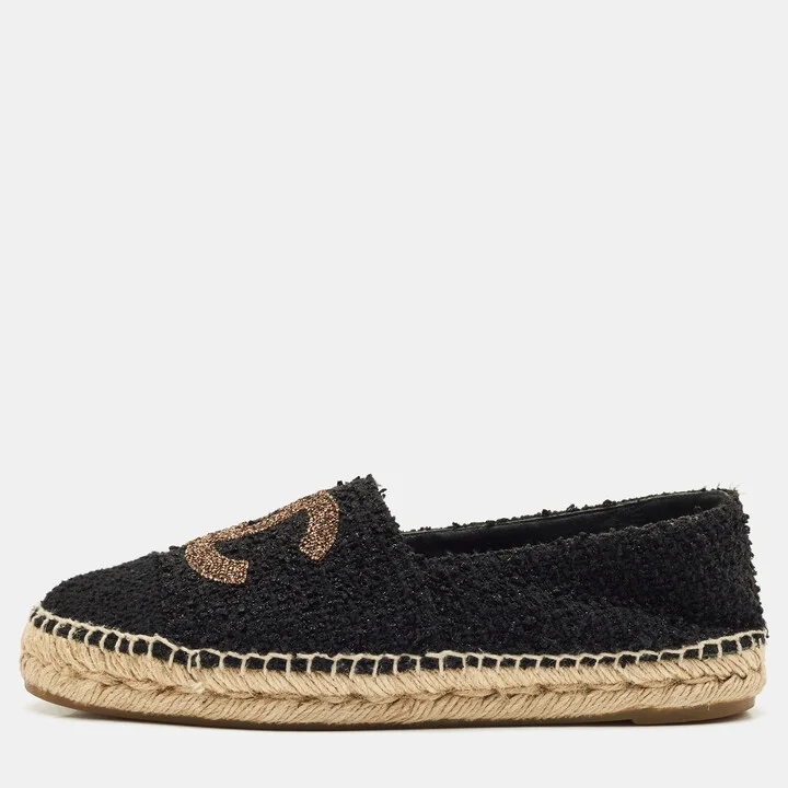 Chanel Black/Gold Tweed CC Cap Toe Espadrille Flats Size 39