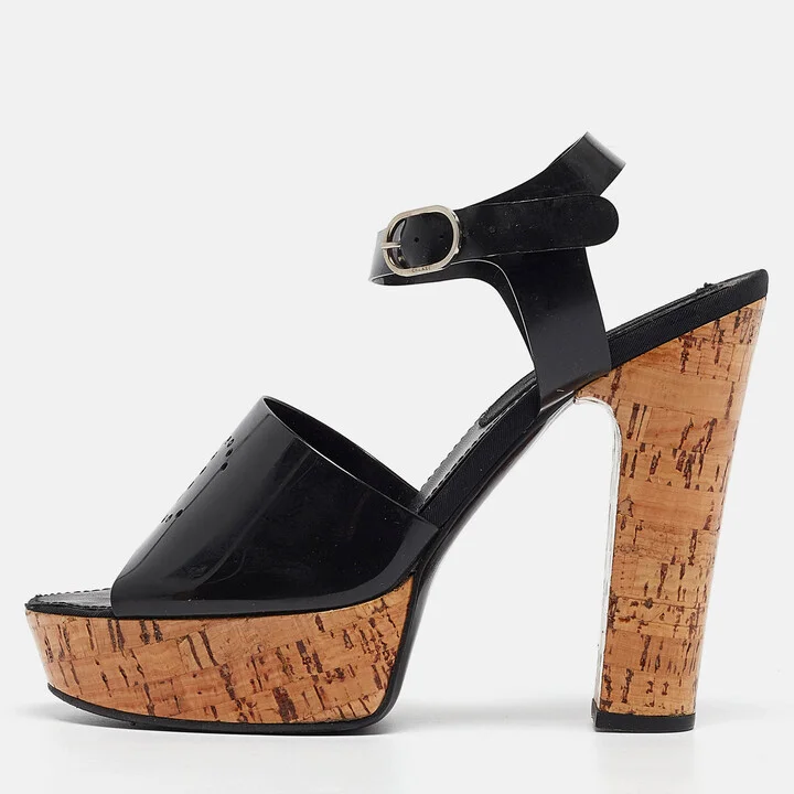 Chanel Black Jelly CC Cork Platform Ankle Strap Sandals Size 39