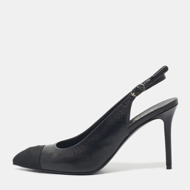Chanel Black Leather and Canvas Pointed Toe Slingback Pumps Size 38.5
