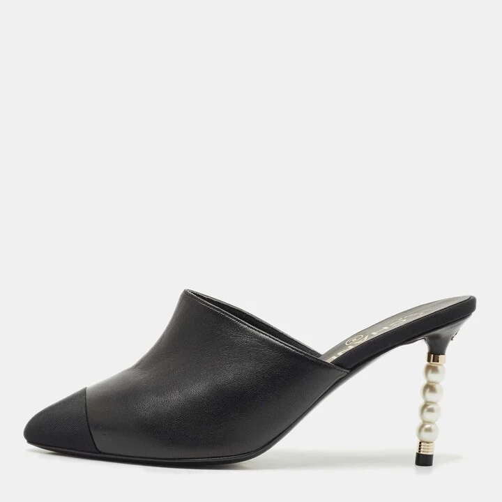 Chanel Black Leather and Fabric Cap Toe CC Pearl Embellished Mules Size 35.5