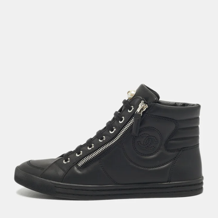 Chanel Black Leather and Rubber High Top Sneakers Size 38