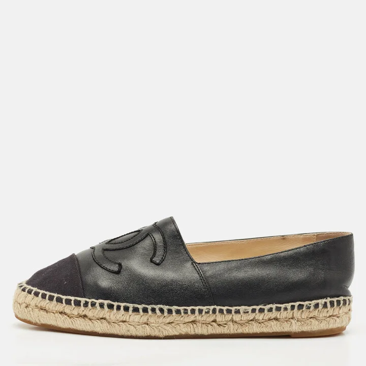Chanel Black Leather/Canvas CC Logo Espadrilles Size 38