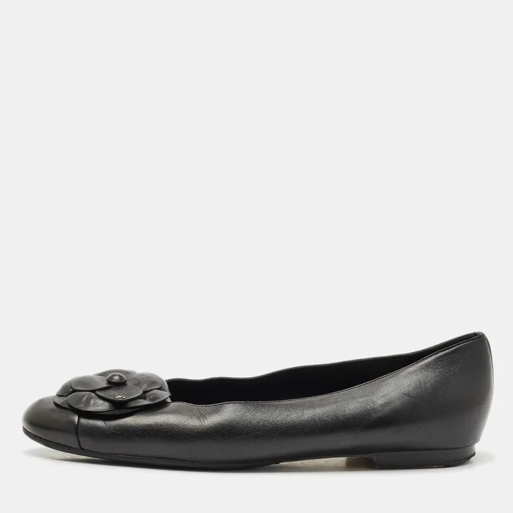 Chanel Black Leather CC Camellia Ballet Flats Size 41