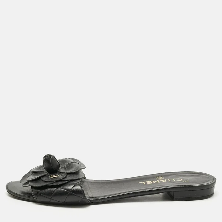 Chanel Black Leather CC Camellia Flat Slides Size 41.5