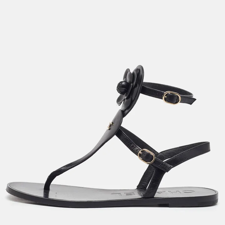 Chanel Black Leather CC Camellia T-Strap Flat Sandals Size 38
