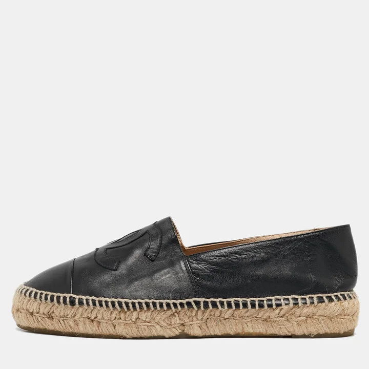Chanel Black Leather CC Cap Toe Espadrille Flats Size 39