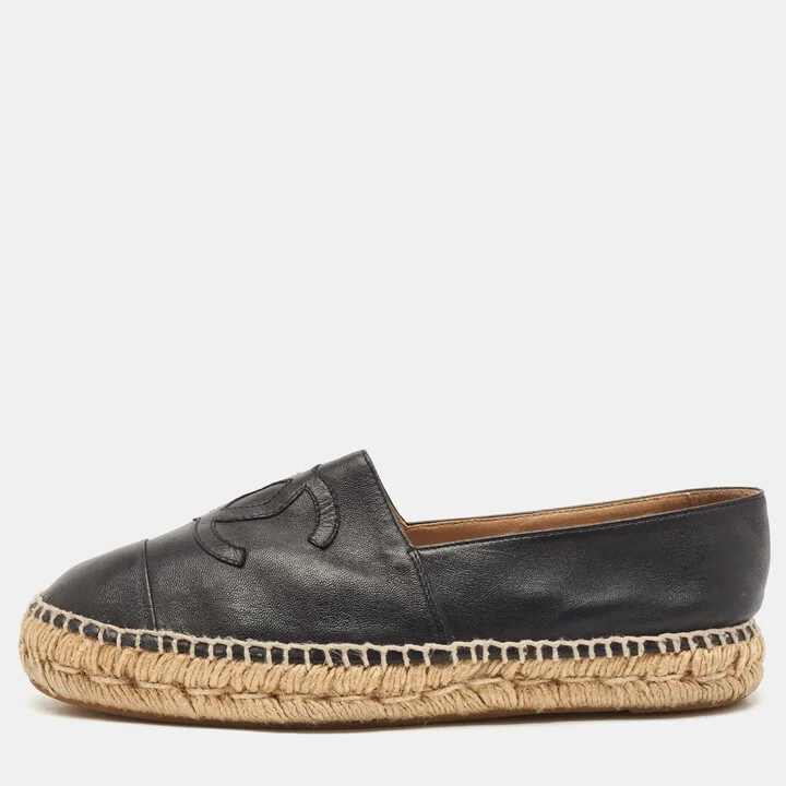 Chanel Black Leather CC Cap Toe Espadrille Flats Size 39
