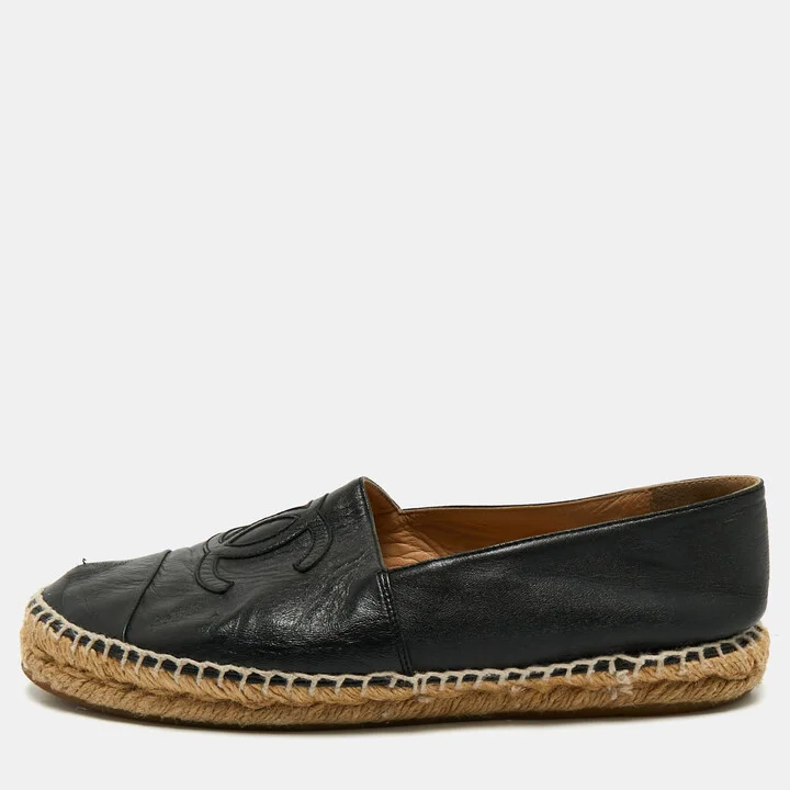 Chanel Black Leather CC Cap Toe Espadrille Flats Size 39